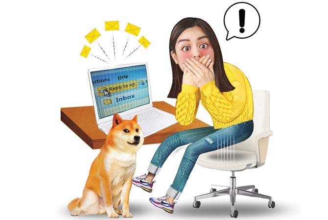 expandable illustration of a girl reacting in shock to an email on her laptop