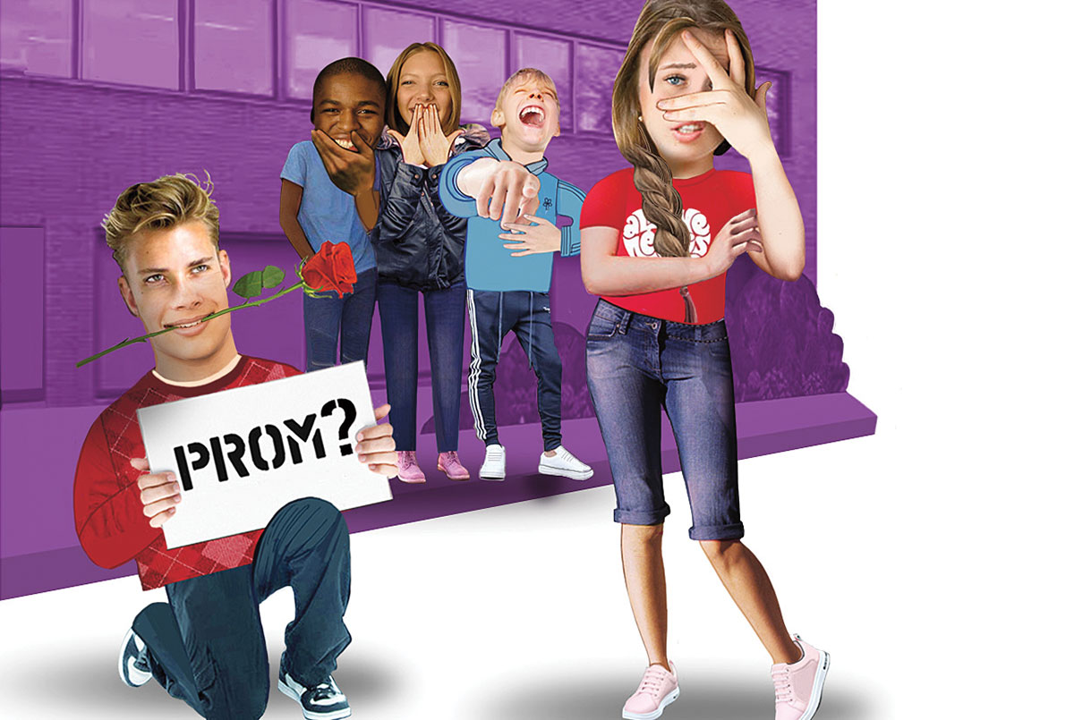 A girl is embarrassed as a boy asks her to prom and three other kids laugh.