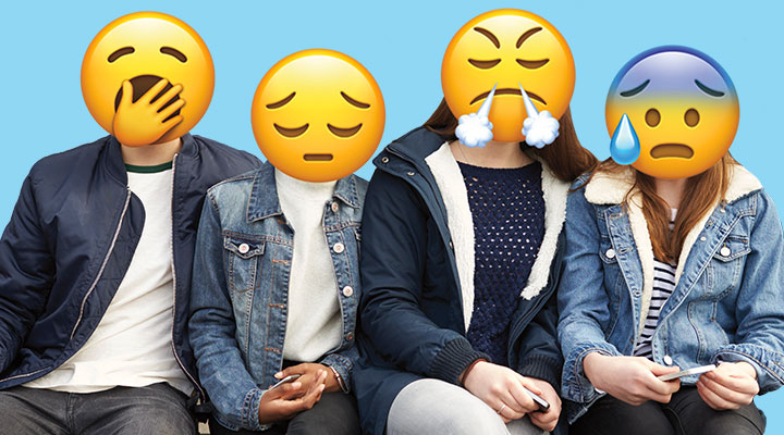 People with yawning, sad, angry, and worried emojis instead of real heads.