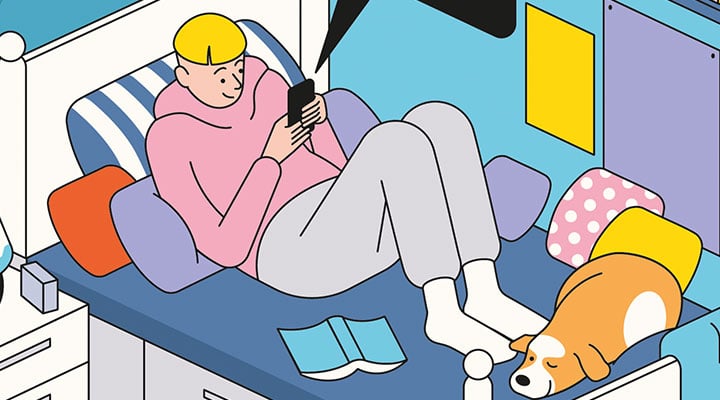 Illustration of teenager sitting on his bed texting