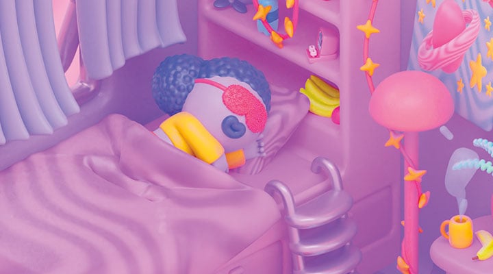 illustration of a child sleeping in a pink ad purple bedroom