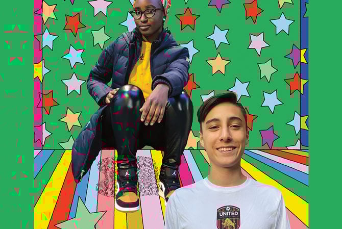 enlargeable picture: a boy and girl look at the camera in front of a green background with stars