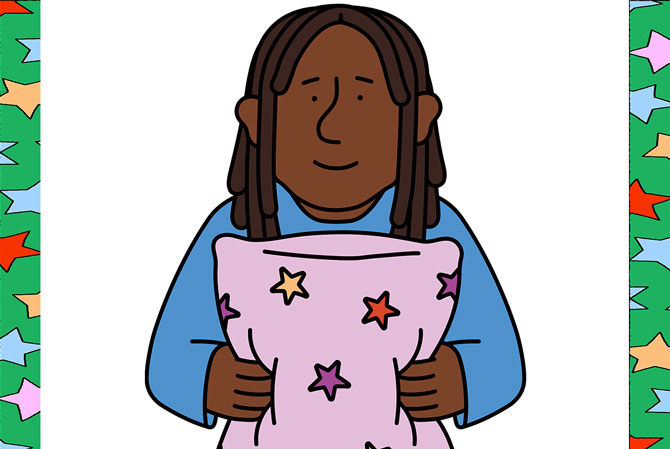 enlargeable illustration of a girl holding a pillow
