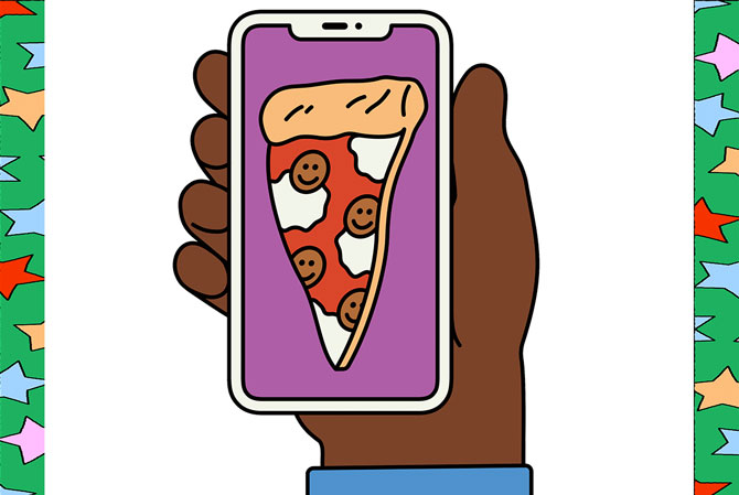 enlargeable illustration of a hand holding a phone with a picture of a pizza on it
