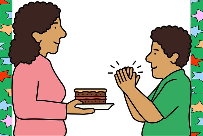 enlargeable illustration of a woman presenting a cake to a grateful child