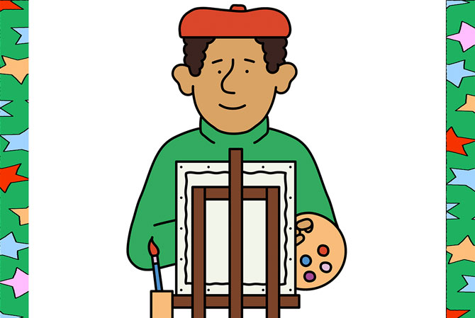 enlargeable illustration of a boy wearing a beret and painting