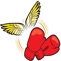 illustration of a pair of boxing gloves in front of a set of wings