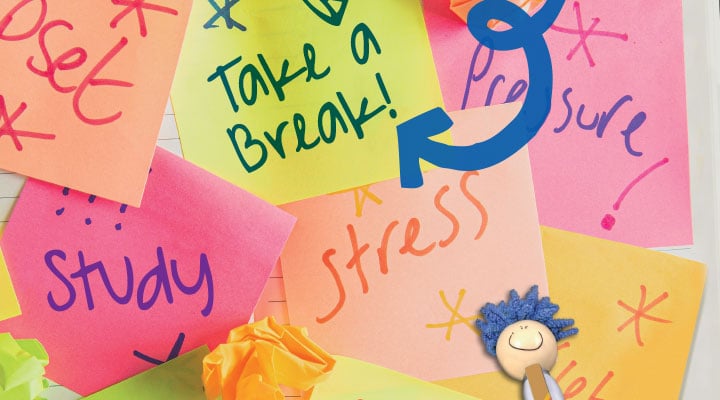 many different post-it reminders with words like "stress" and "so tired"