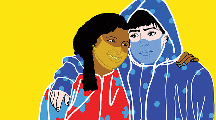 illustration of two friends hugging while wearing masks