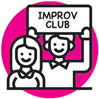 illustrated icon of two people. One of them is holding up a sign that reads Improv Club