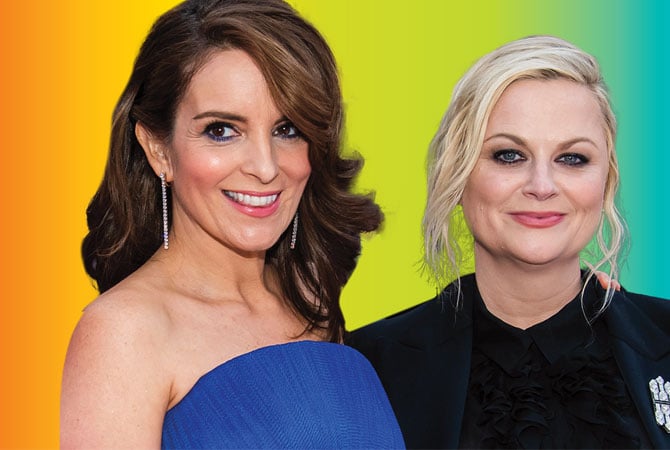 picture of Tina Fey and Amy Poehler in front of a colorful background