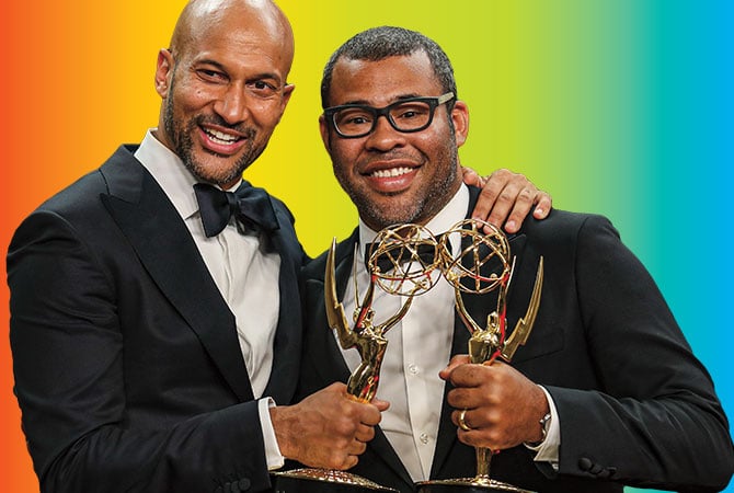 picture of Jordan Peele and Keegan-Michael Key in front of a colorful background