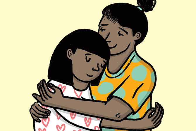 Illustration of a mother and daughter embracing