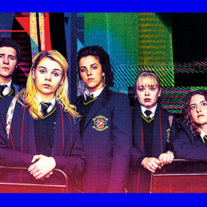 Five teens in school uniforms against a colorful, textured background