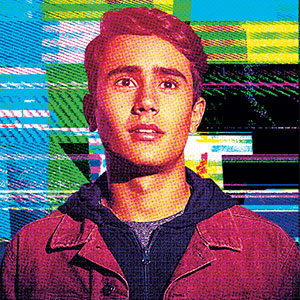 A person with colorful, textured background