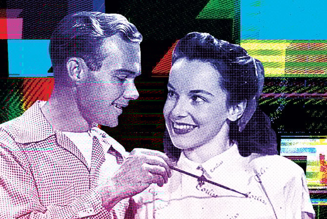Black & white couple against a colorful, textured background
