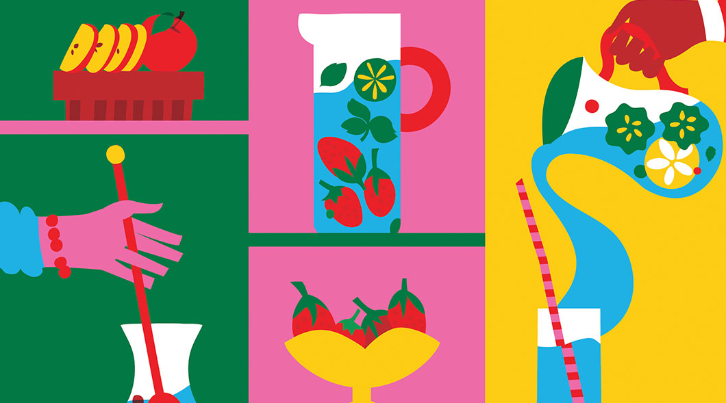 Illustration showing water being flavored with apples, strawberries, and lemons