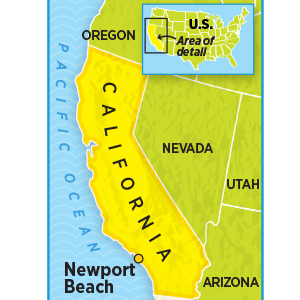 Map of America and then a large zoomed-in map of California and Newport Beach