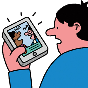 Illustration of a person looking at two people laughing on the screen of their phone