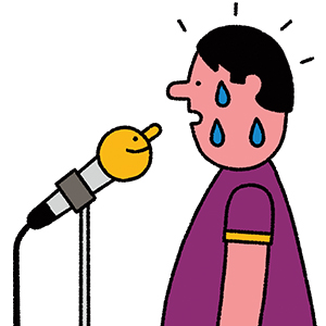 Illustration of a person sweating while standing in front of a microphone