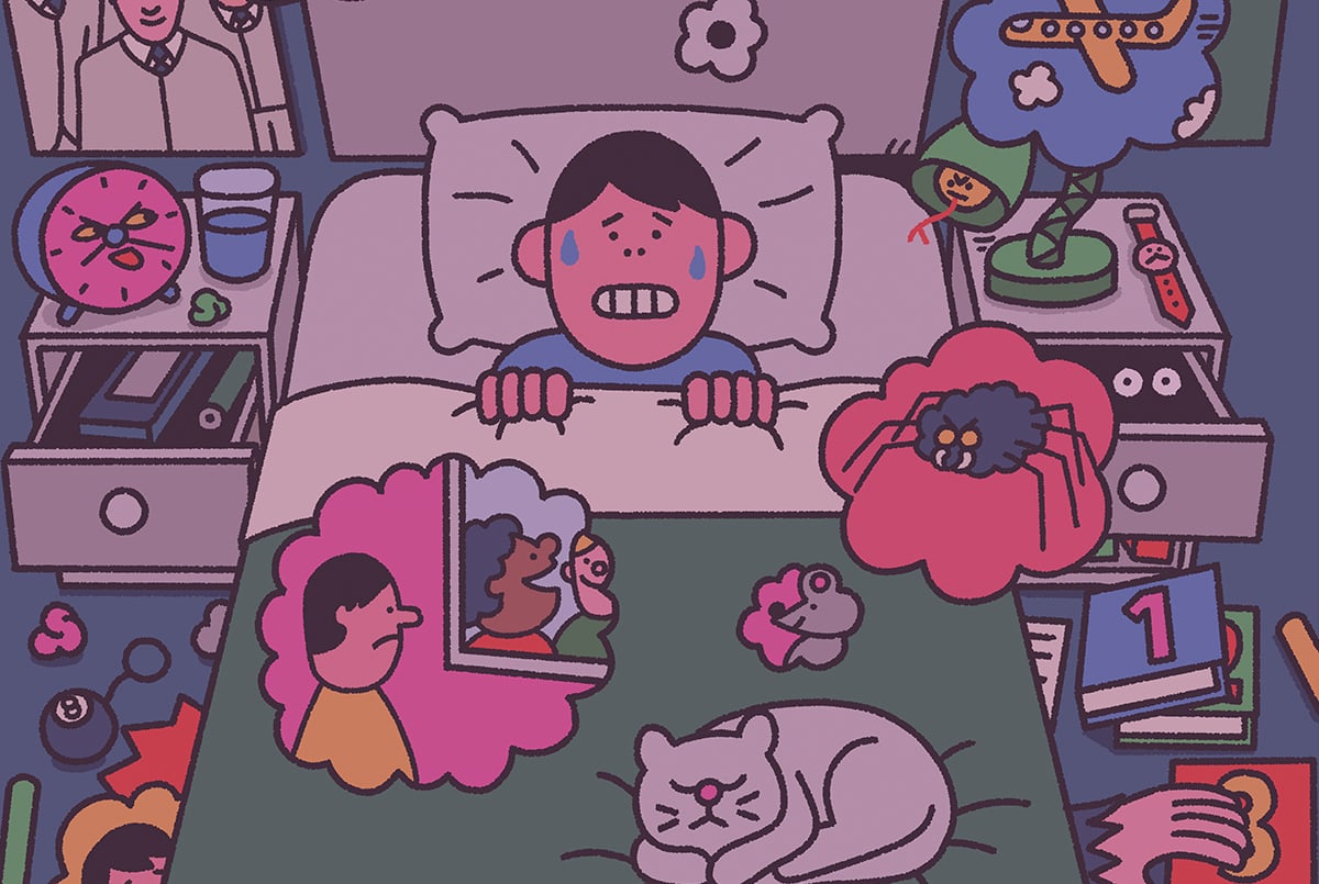 Illustration of a kid in bed with a scared expression with thoughts of his fears surrounding him