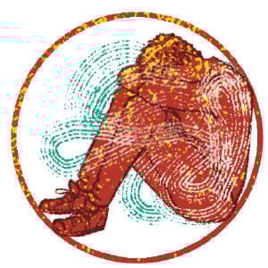 Icon of person slumped with head bent into knees