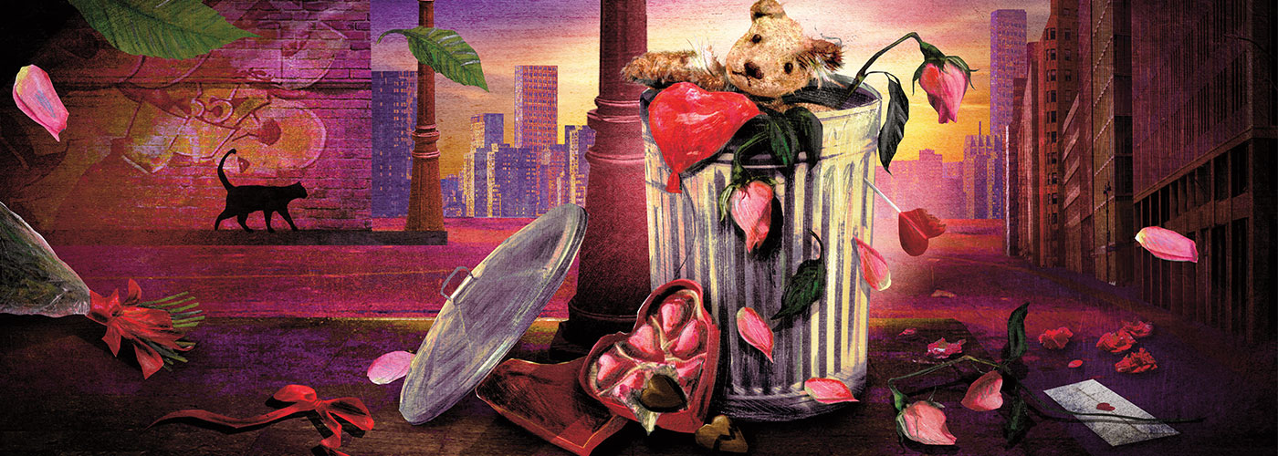 Digital image showing a trash can filled with teddy bears, chocolate hearts, and dead flowers