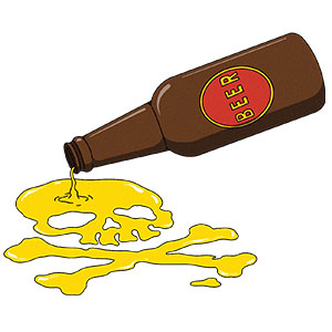Illustration of beer being spilled out into a skull and crossbones symbol