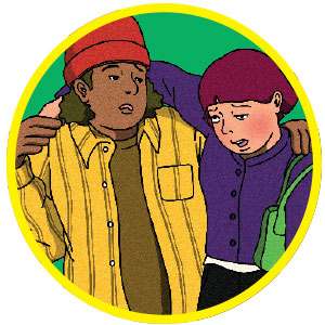 Illustration of an intoxicated friend being helped to stand by a friend