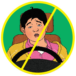 Icon of a drunk teen behind the wheel with a not allowed symbol