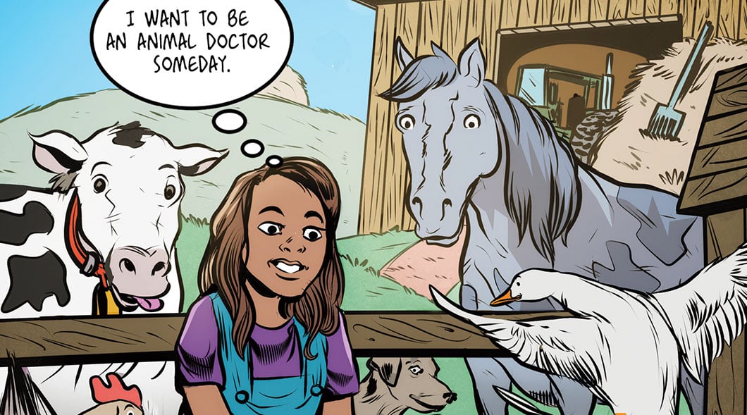 Comic of a kid on a farm saying how they want to be an animal doctor someday