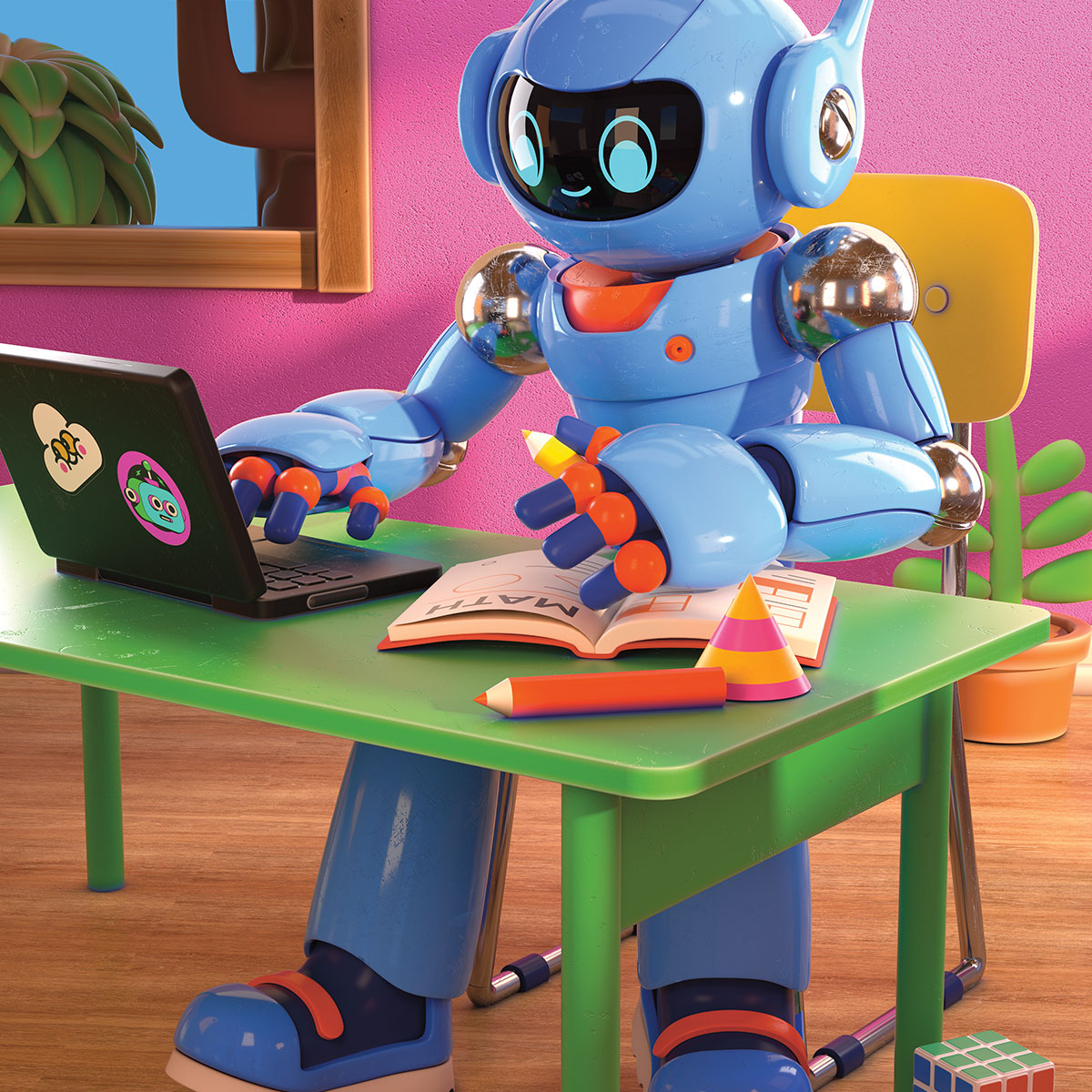Image of a robot sitting at a desk and using a computer