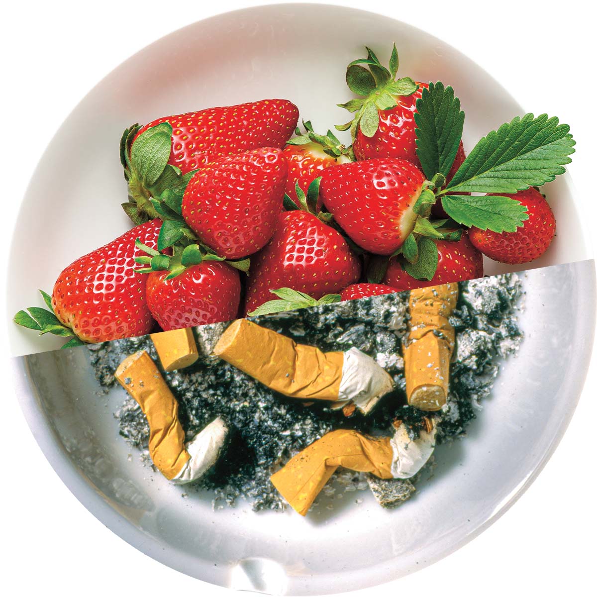 Image of a bowl split in two, one half strawberries and the other used cigarettes