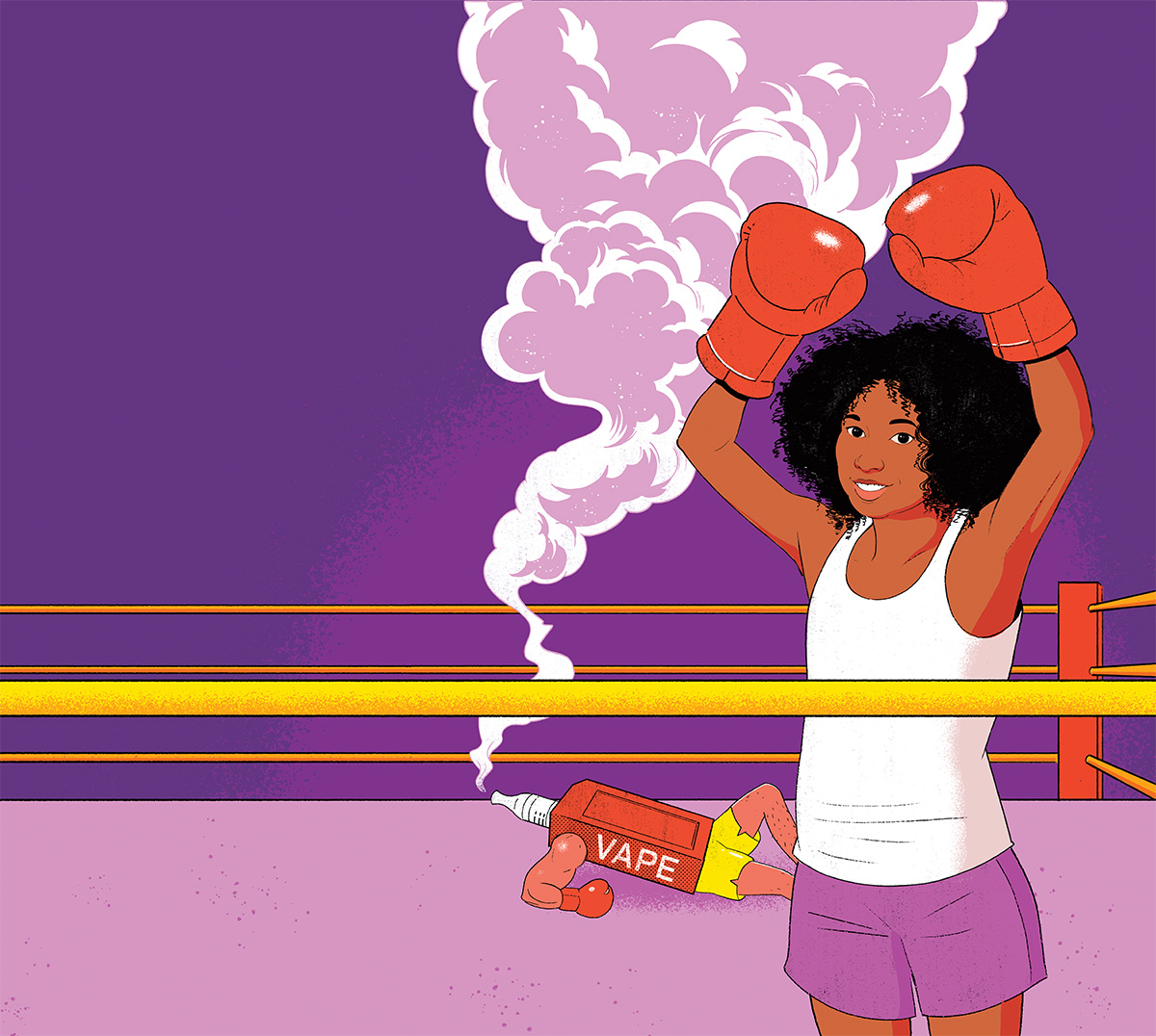 Illustration of a student dressed as a boxer in a ring, knocking out a vape