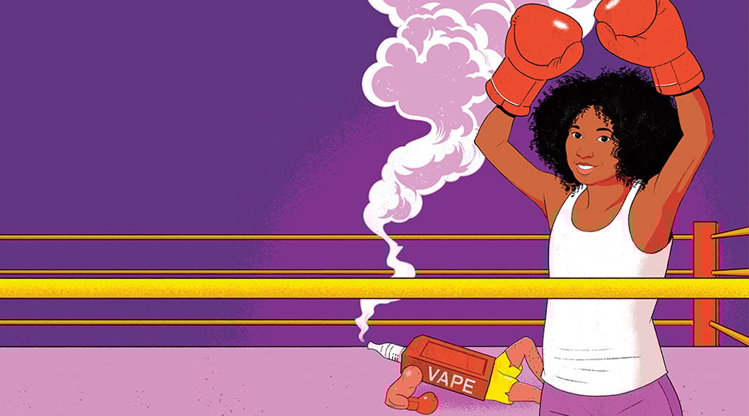 Illustration of a student dressed as a boxer in a ring, knocking out a vape