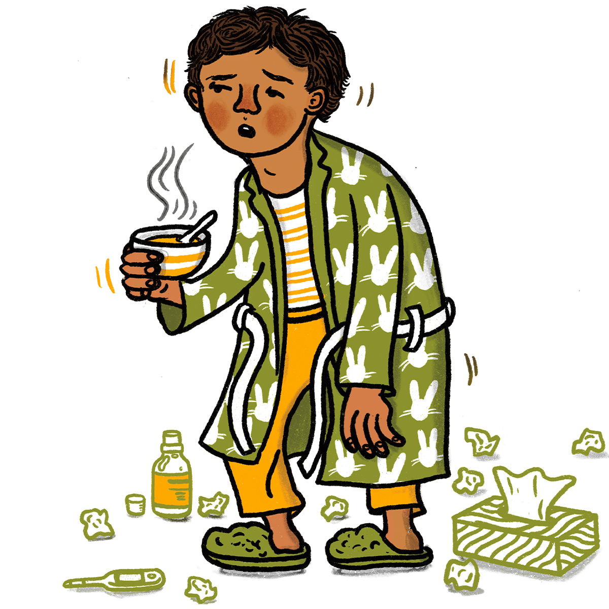 Image of a sick kid holding a cup of tea and surrounded by tissues