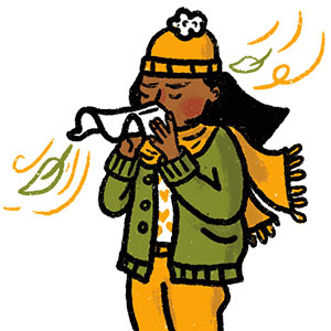 Illustration of a person sneezing in cold, windy weather
