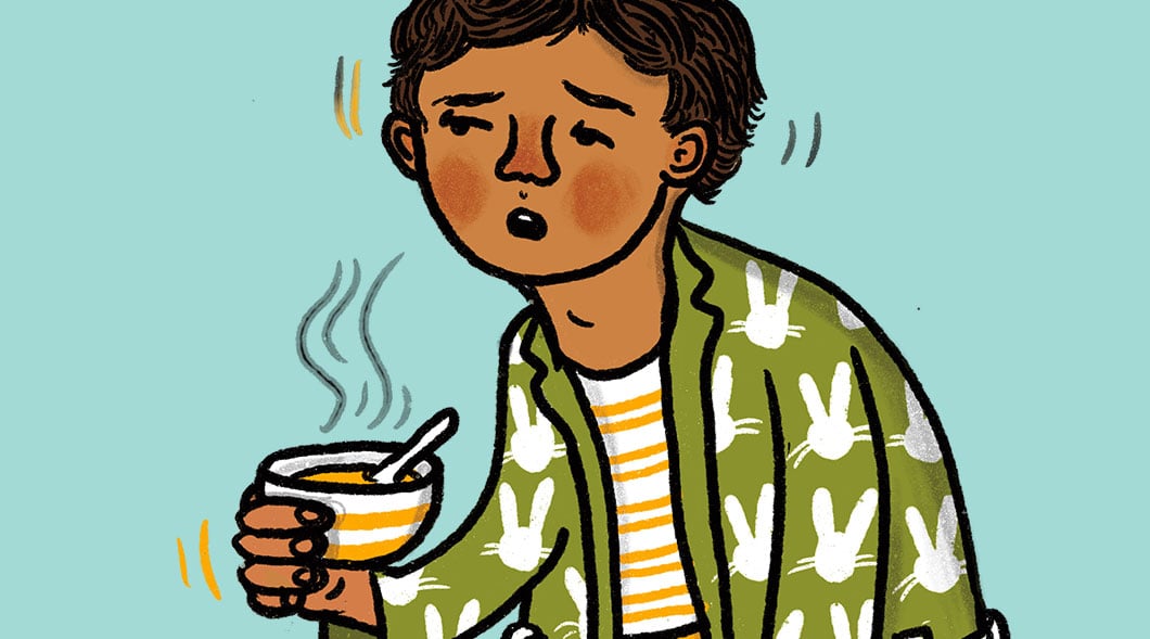 Illustration of a kid sick and holding a cup of tea