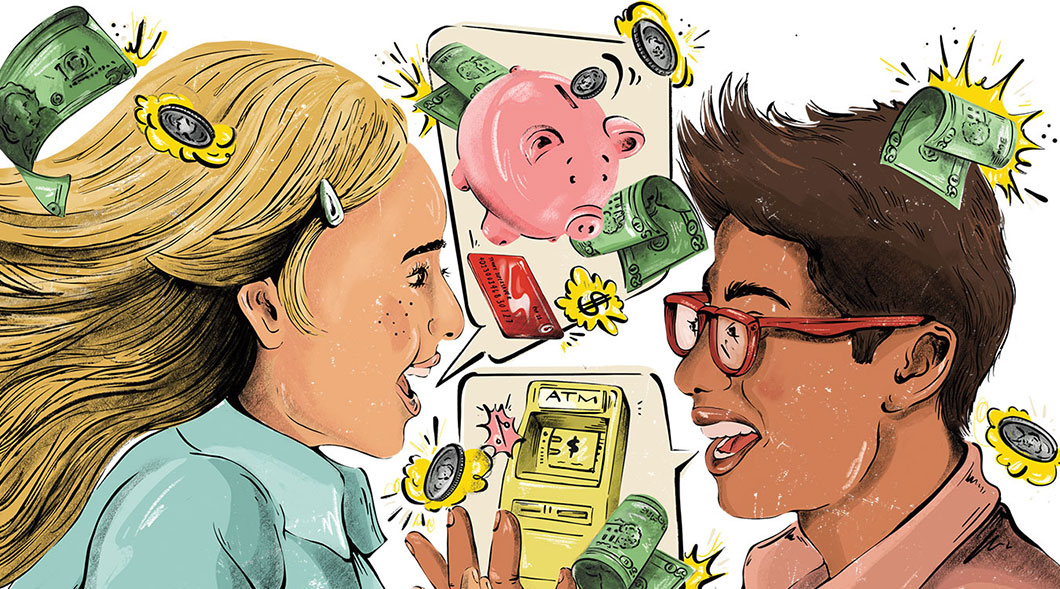 Illustration of two people excitedly talking about money while surrounded by bills and piggy banks