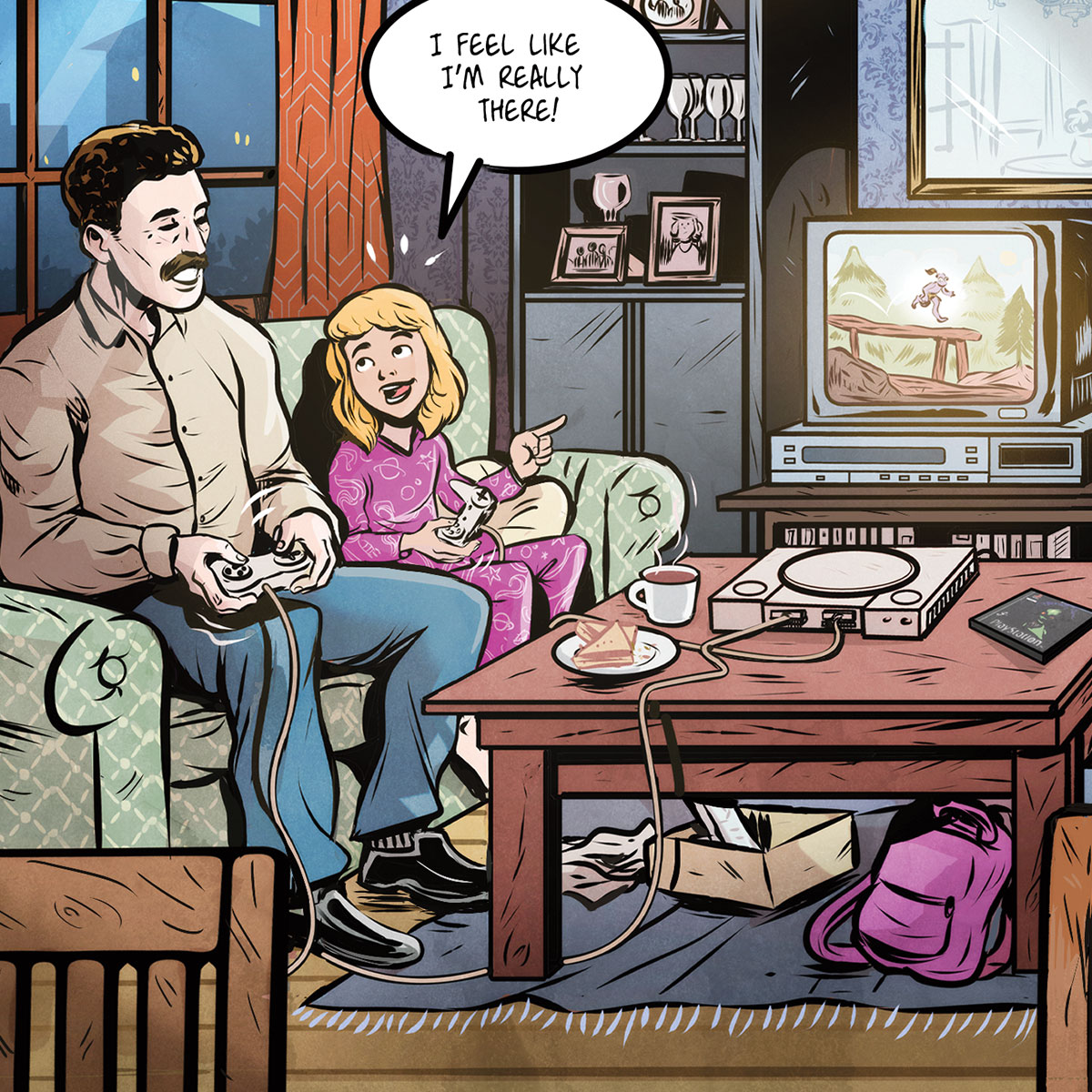 Illustration of child and parent playing a videogame in their living room
