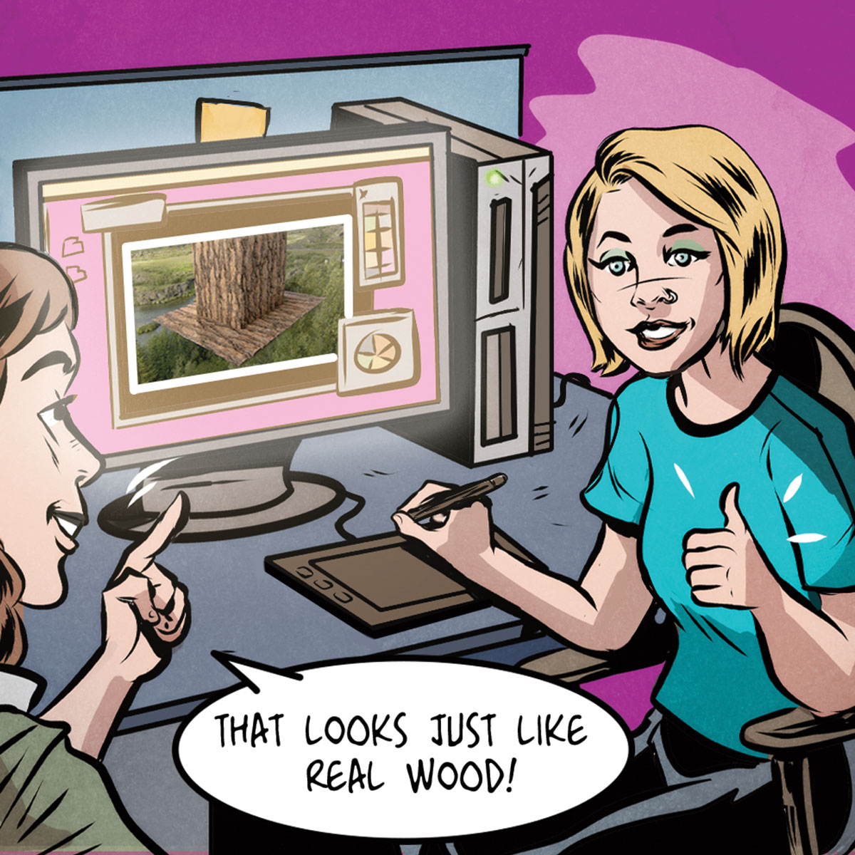 Illustration of video game designer being complimented on designing wood realistically in the game