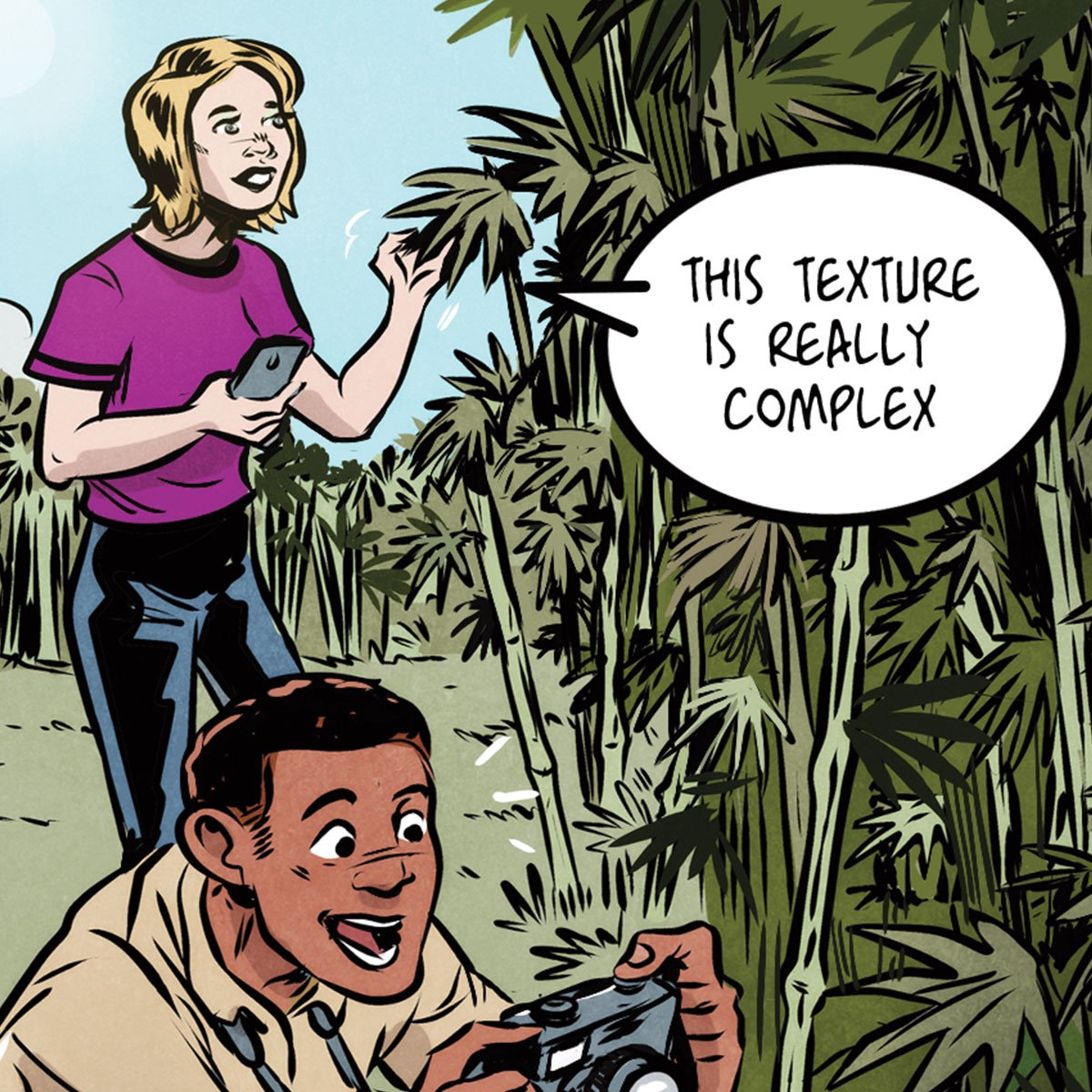 Illustration of a videogame designer thinking the texture of bamboo is complex to mimic