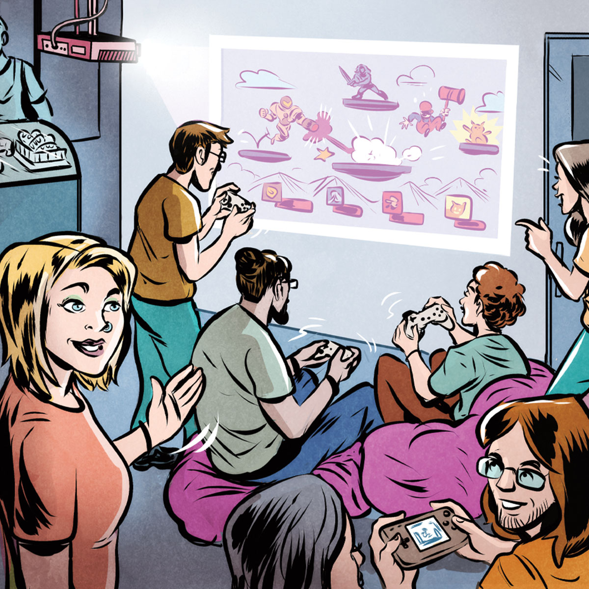 Illustration of a room of people playing videogames