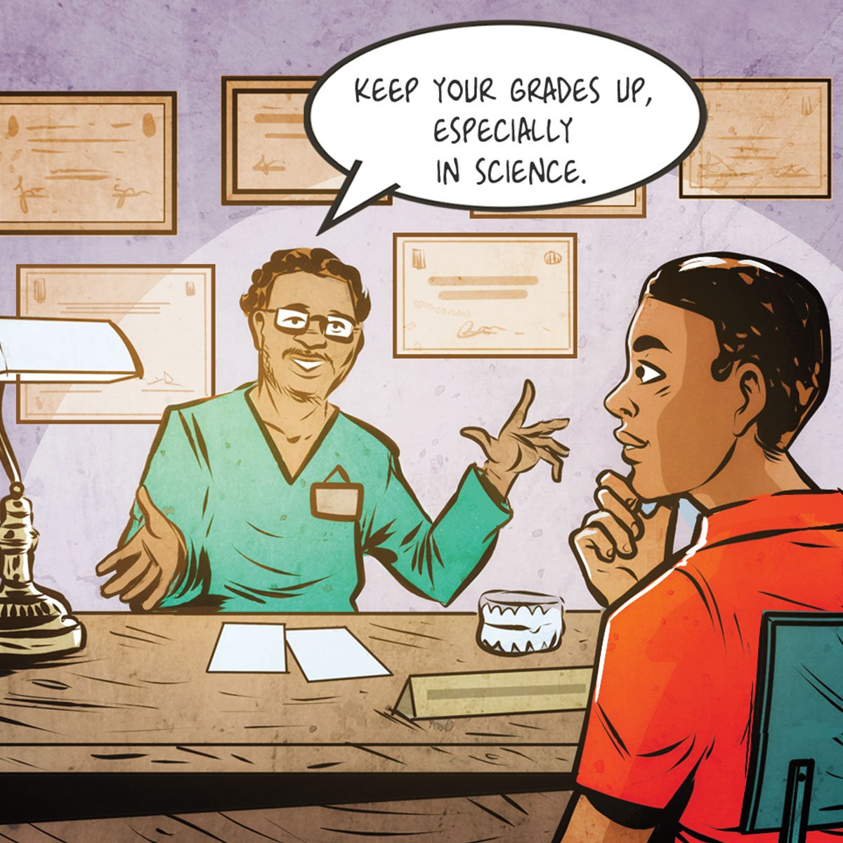 Illustration of a kid being told to keep their grades up, especially in science