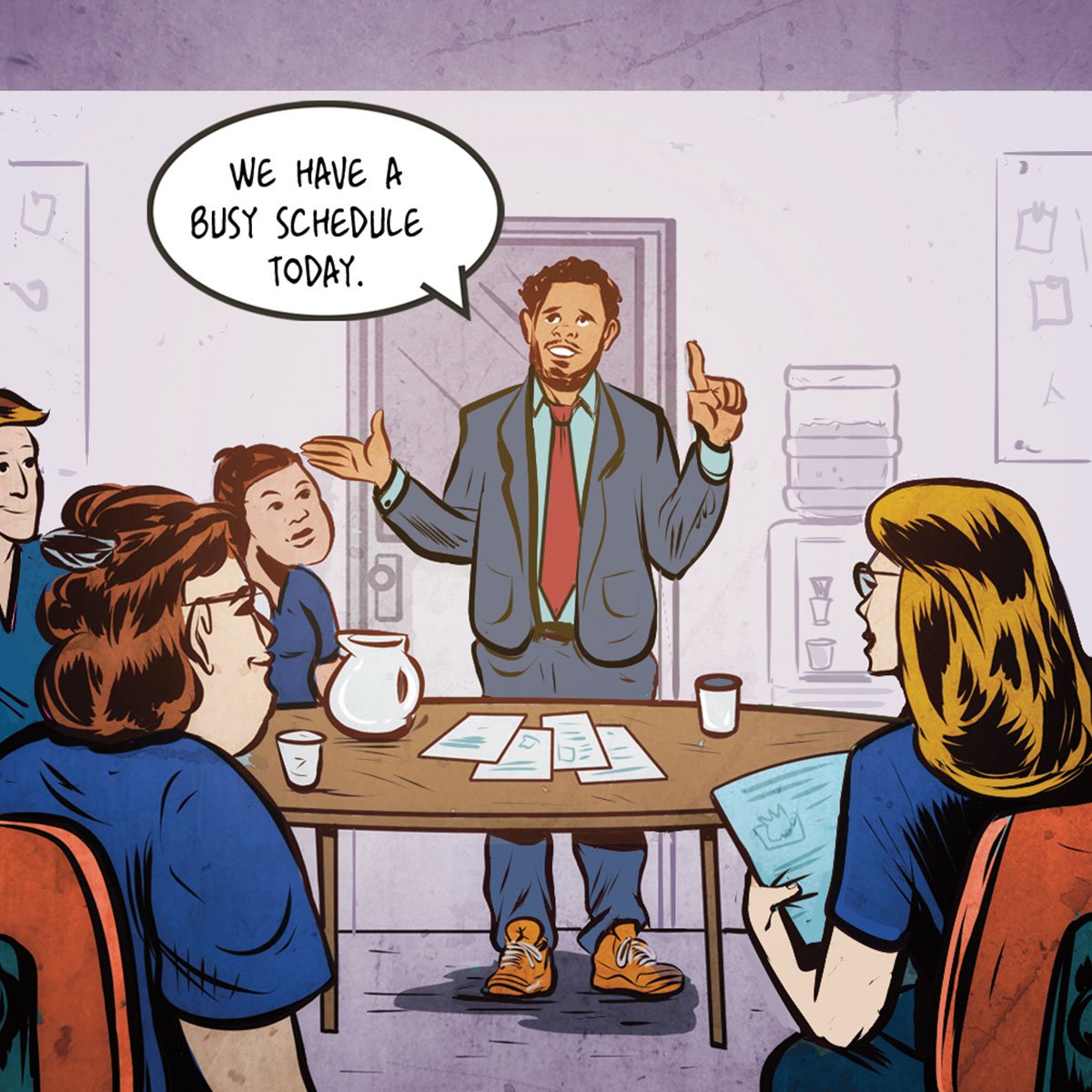 Illustration of a person announcing to a room of people, "We have a busy schedule today."