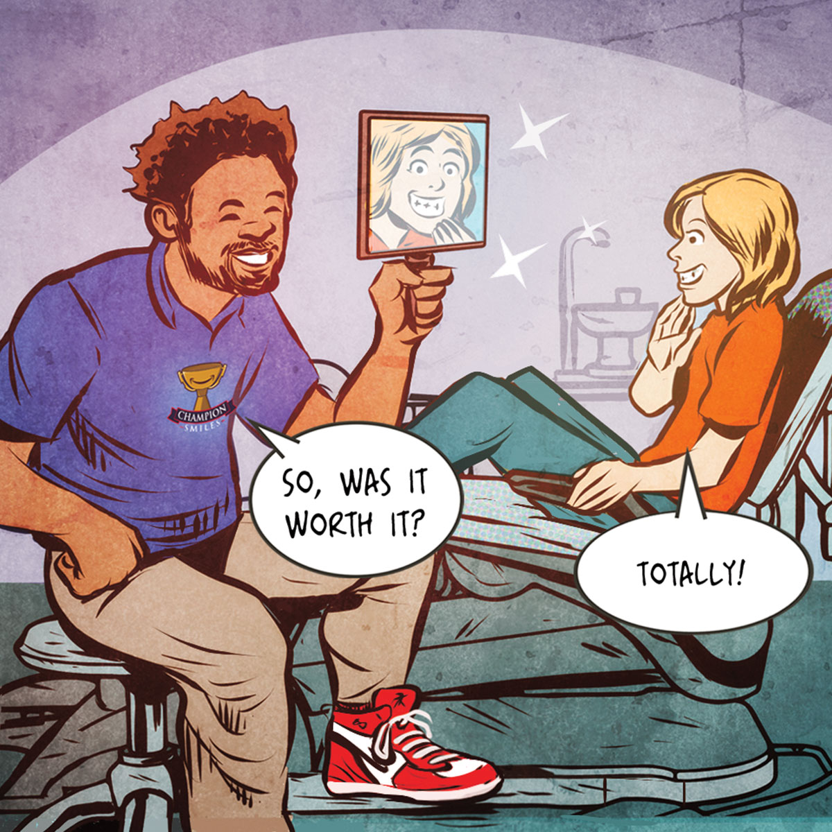 Illustration of orthodonist giving a kid braces
