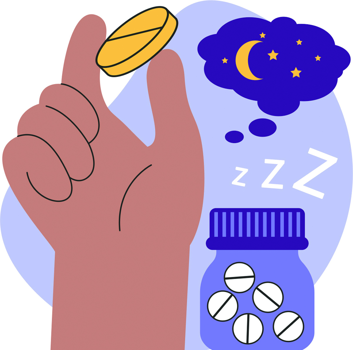 Illustration of a hand holding a melatonin pill