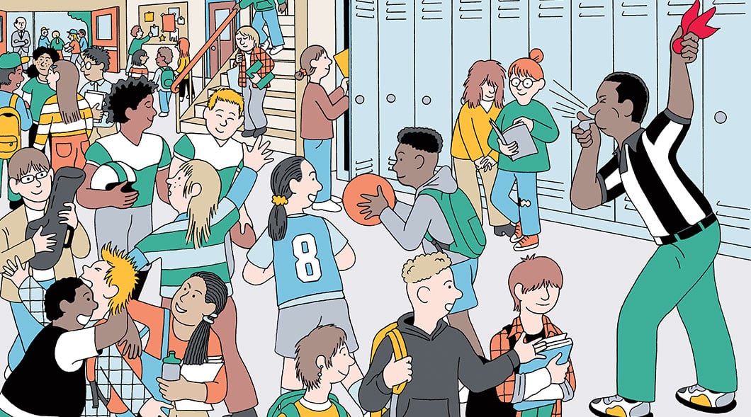 Illustration of a crowded school hallway on first day of school