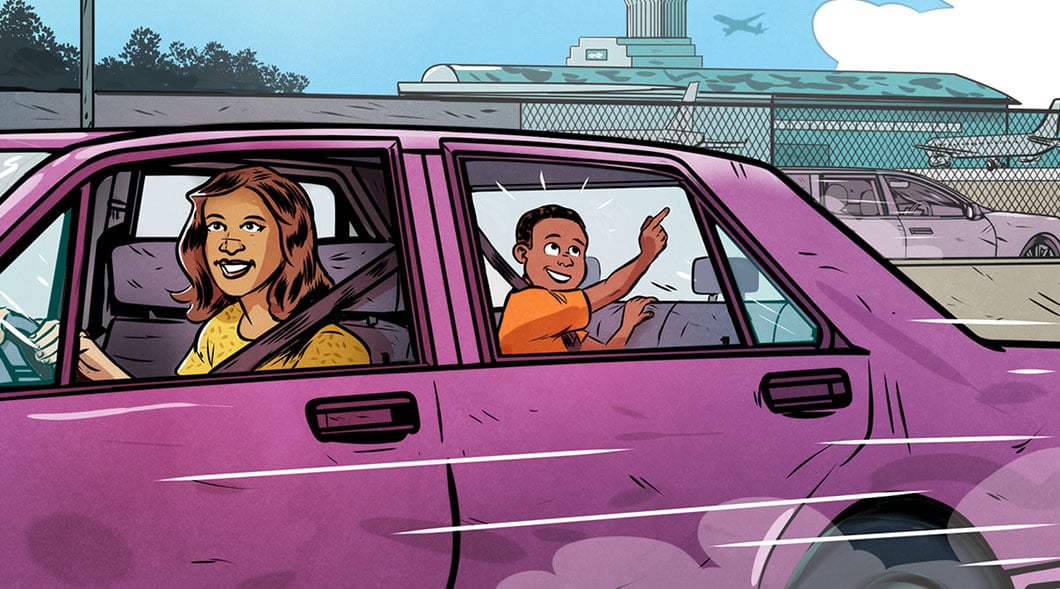 A woman and child in a purple car near an airport, with the child pointing excitedly at a plane