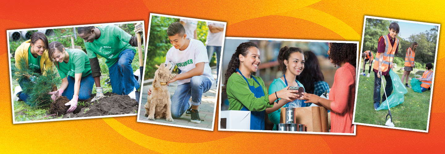 Four photos showing young volunteers: planting trees, petting a dog, collecting donations, picking up litter